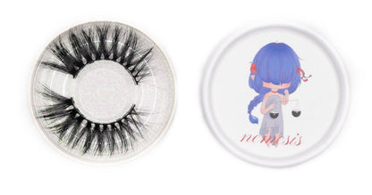 Nemesis false eyelashes in a clear round case beside the illustrated Nemesis product lid on a white background.