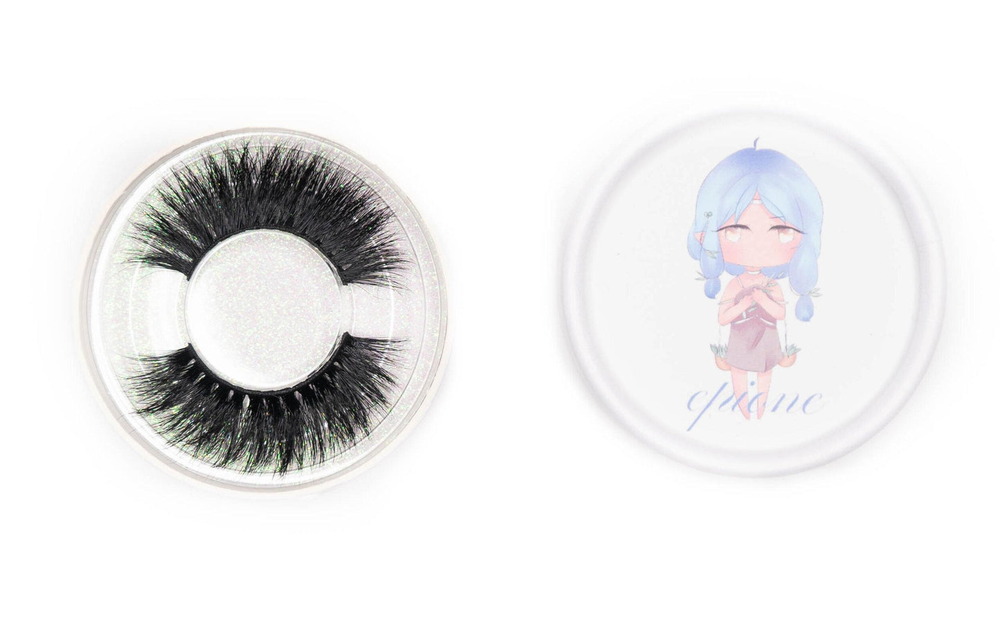 Epione false eyelashes in a clear round case beside the illustrated Epione product lid on a white background.