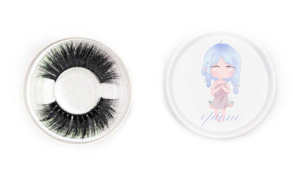 Epione false eyelashes in a clear round case beside the illustrated Epione product lid on a white background.