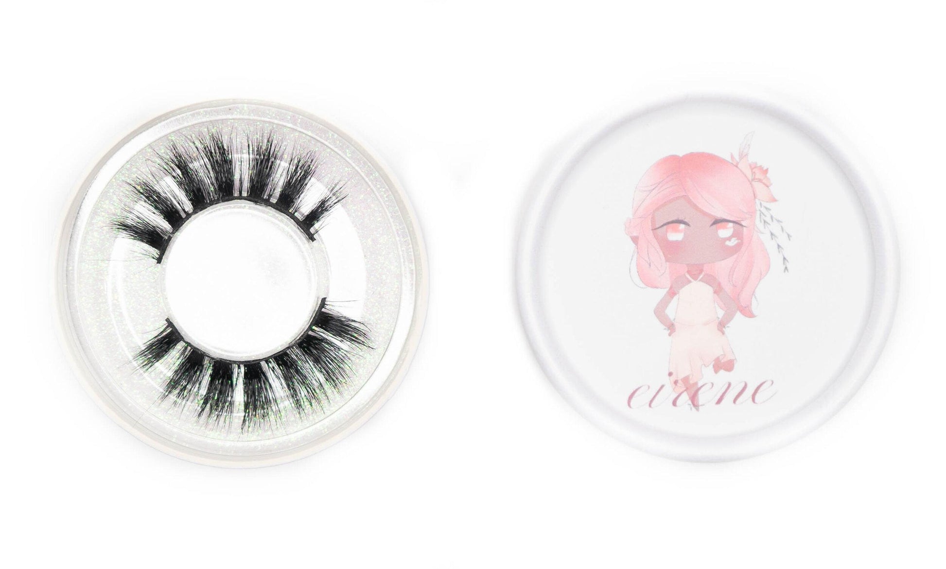 Eirene false eyelashes in a clear round case beside an illustrated Eirene product lid on a white background.