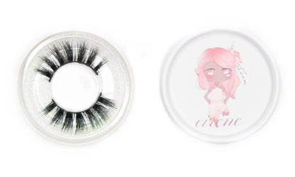 Eirene false eyelashes in a clear round case beside an illustrated Eirene product lid on a white background.