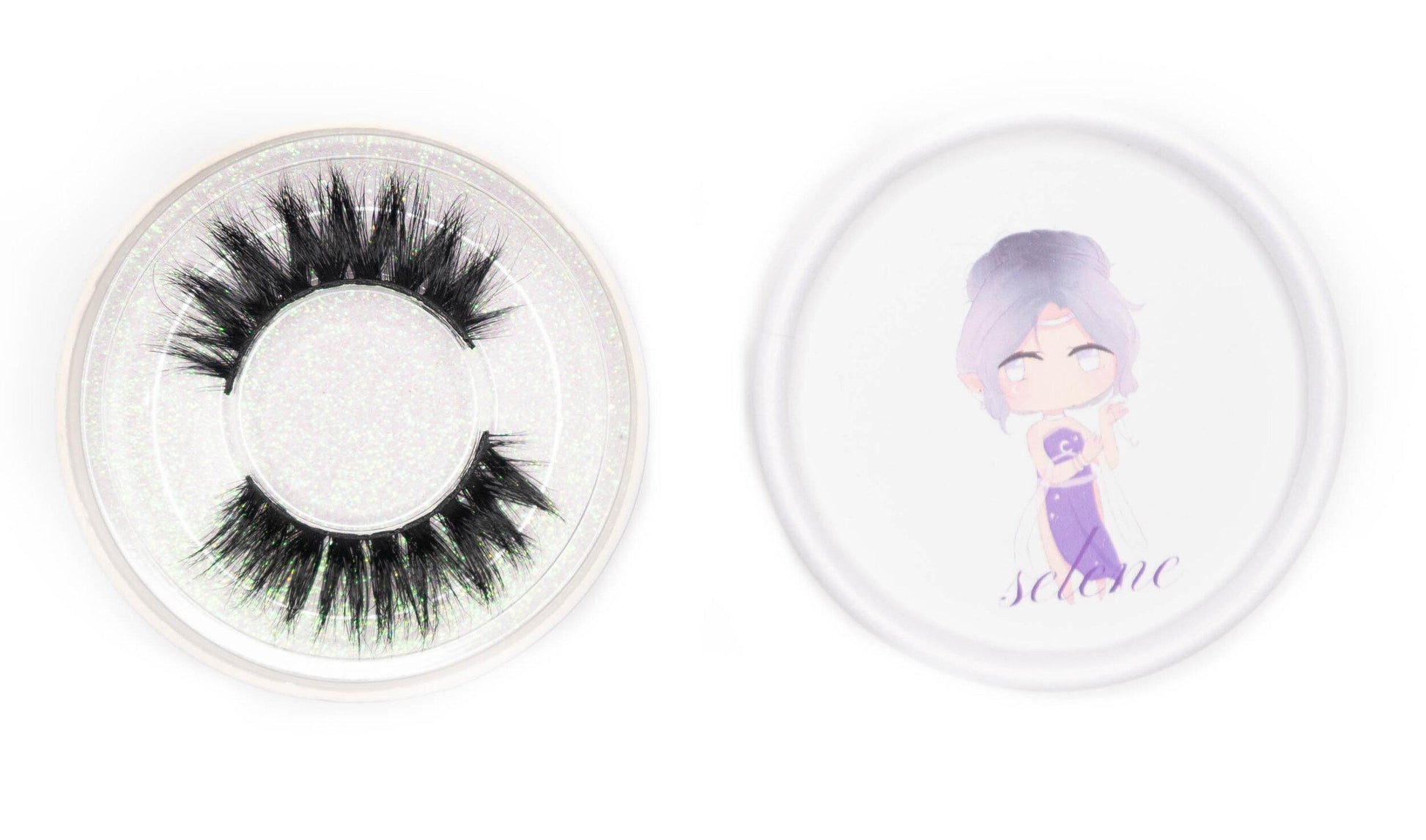 Selene false eyelashes in a clear round case beside the illustrated Selene product lid on a white background.
