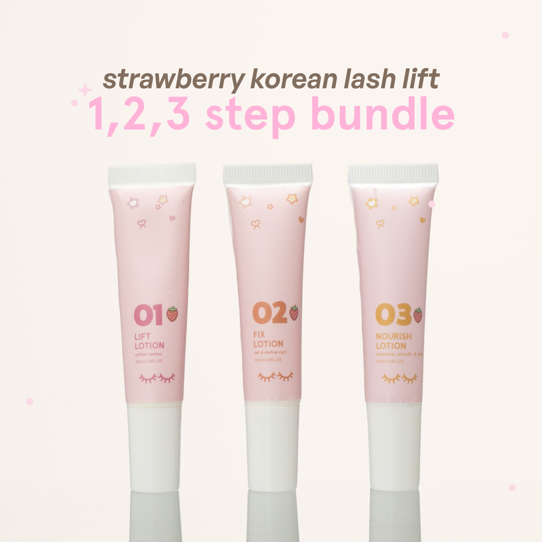 Strawberry Korean Lash Lift 3-Step Bundle with 01 Lift Lotion, 02 Fix Lotion, and 03 Nourish Lotion tubes.