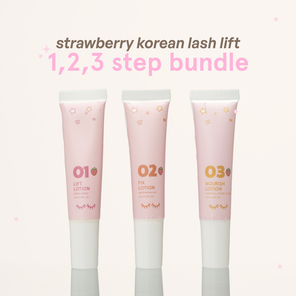 Strawberry Korean Lash Lift 3-Step Bundle with 01 Lift Lotion, 02 Fix Lotion, and 03 Nourish Lotion tubes.