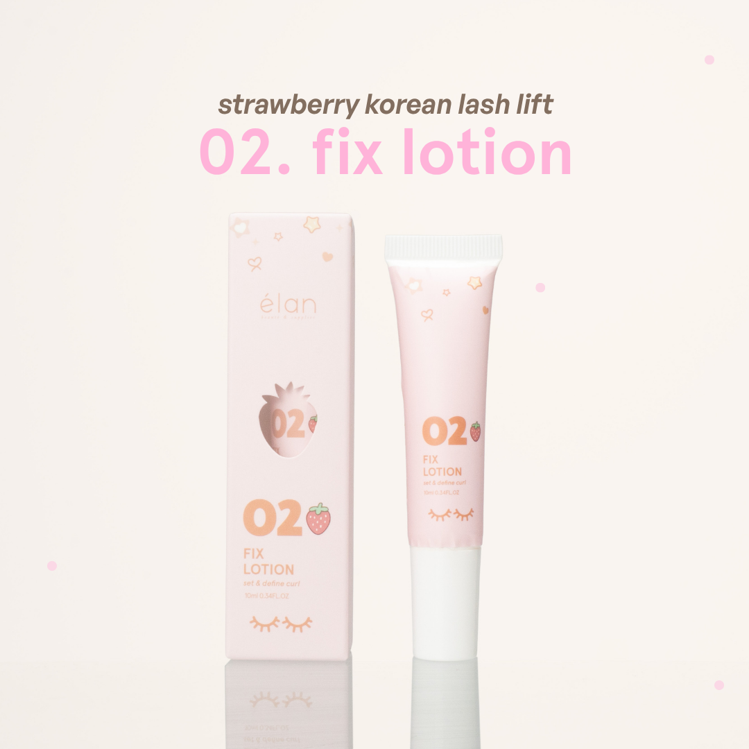 Strawberry Korean Lash Lift 02 Fix Lotion tube next to its pink packaging with strawberry illustrations on it.
