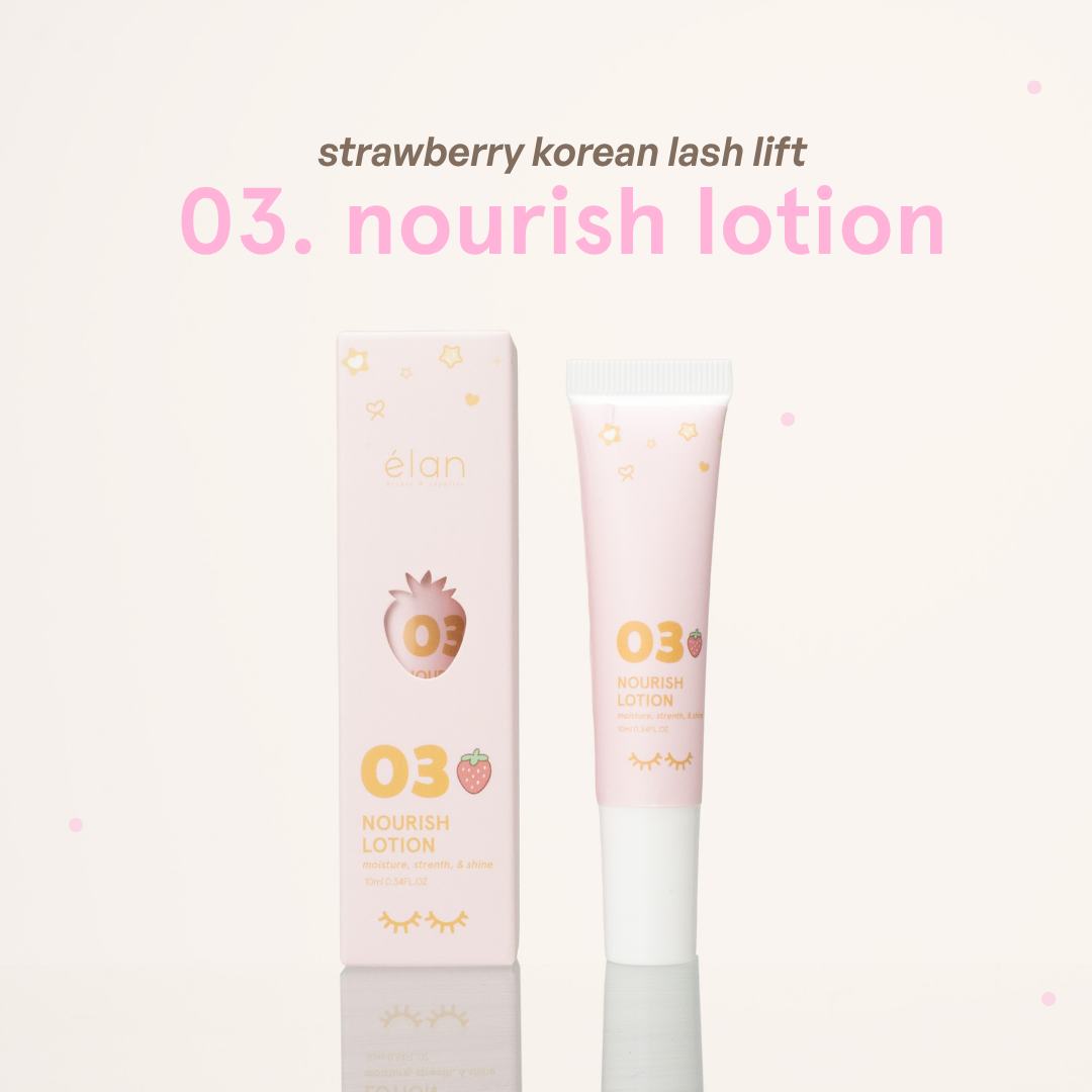 Strawberry Korean Lash Lift 03 Nourish Lotion tube next to its pink packaging with strawberry illustrations on it.