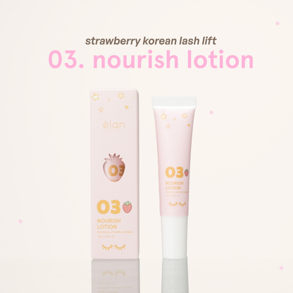 Strawberry Korean Lash Lift 03 Nourish Lotion tube next to its pink packaging with strawberry illustrations on it.
