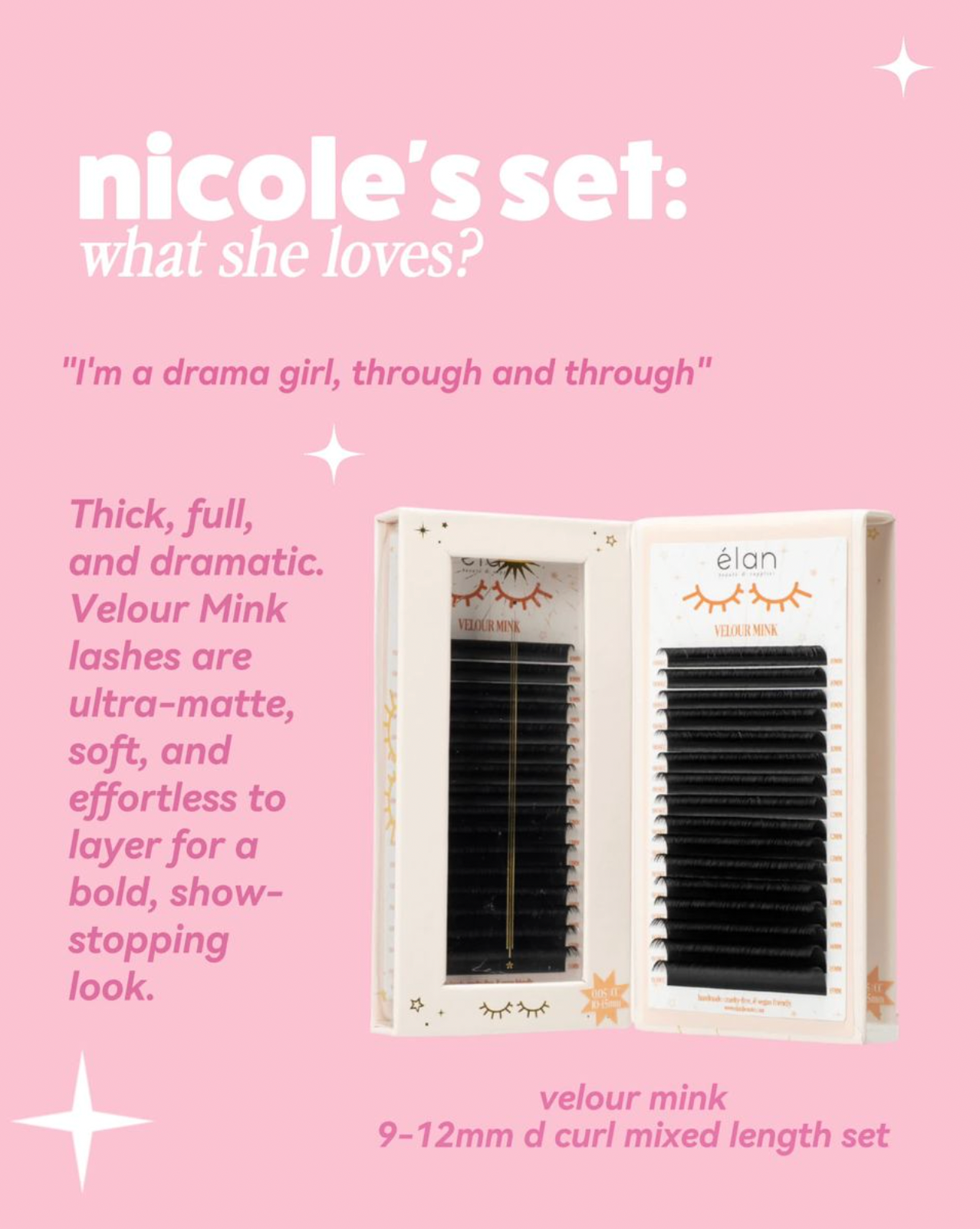 Velour Mink eyelash set with packaging on a pink background, featuring text about the product.