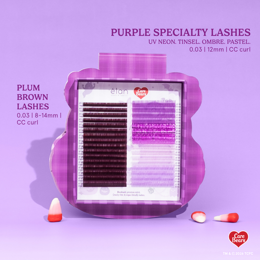 Élan Beauté x Care Bears Share Bear purple Big Boi lash tray featuring warm brown and purple specialty lashes in purple Halloween-themed Care Bears packaging with candy corn accents.