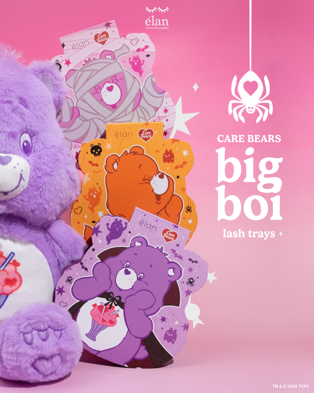 Élan Beauté x Care Bears Big Boi lash trays featuring pink, orange, and purple Halloween-themed character packaging displayed beside a purple Care Bear plush on a pink background.