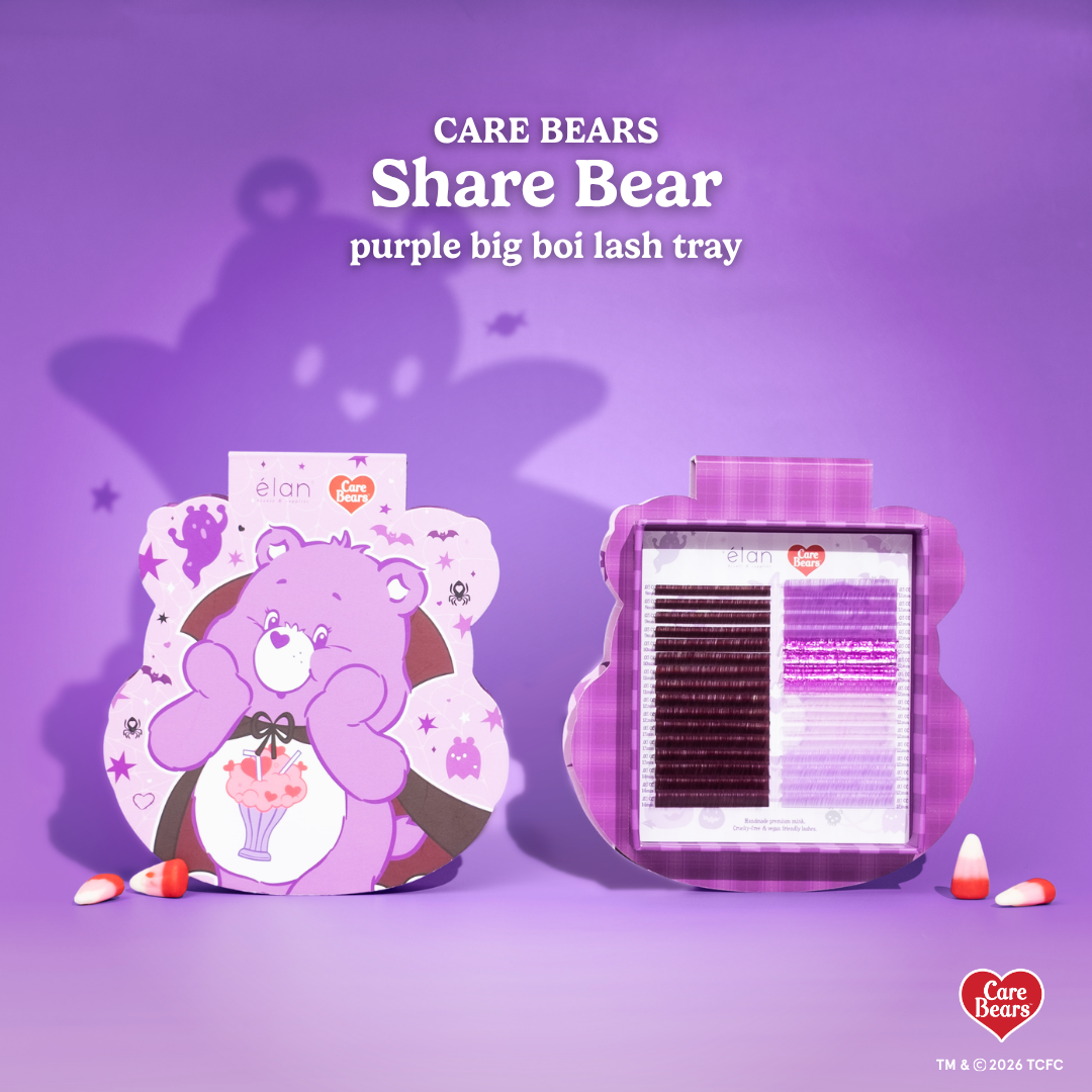 Élan Beauté x Care Bears Share Bear purple Big Boi lash tray featuring warm brown and purple specialty lashes in purple Halloween-themed Care Bears packaging with candy corn accents.