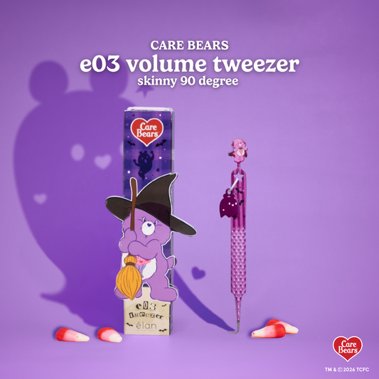 Élan Beauté x Care Bears e03 volume tweezer featuring a skinny 90-degree tip, purple Halloween-themed design, matching packaging, and candy corn accents.