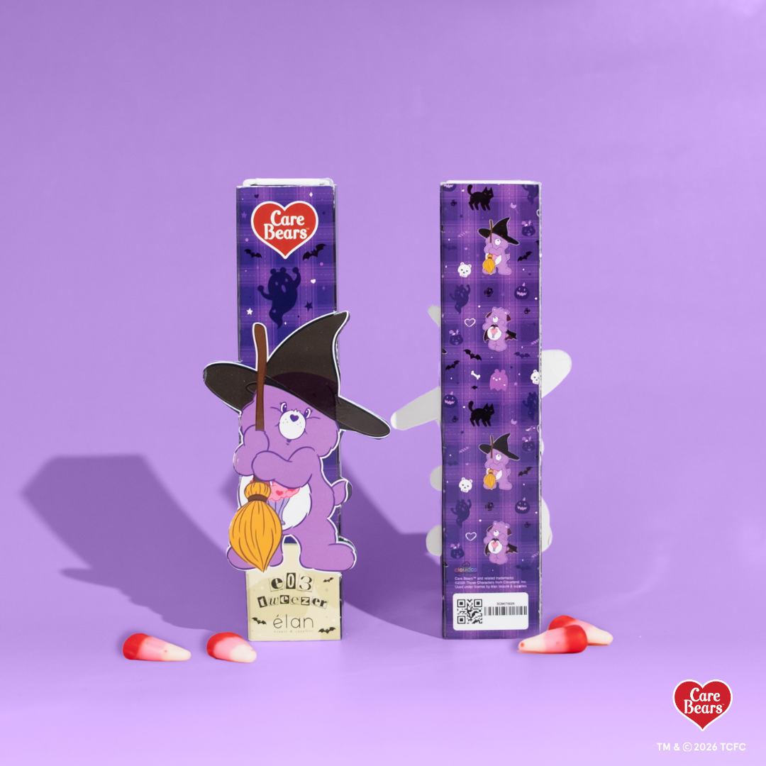 Élan Beauté x Care Bears e03 volume tweezer packaging featuring Share Bear dressed as a witch with purple Halloween-themed graphics and candy corn accents.