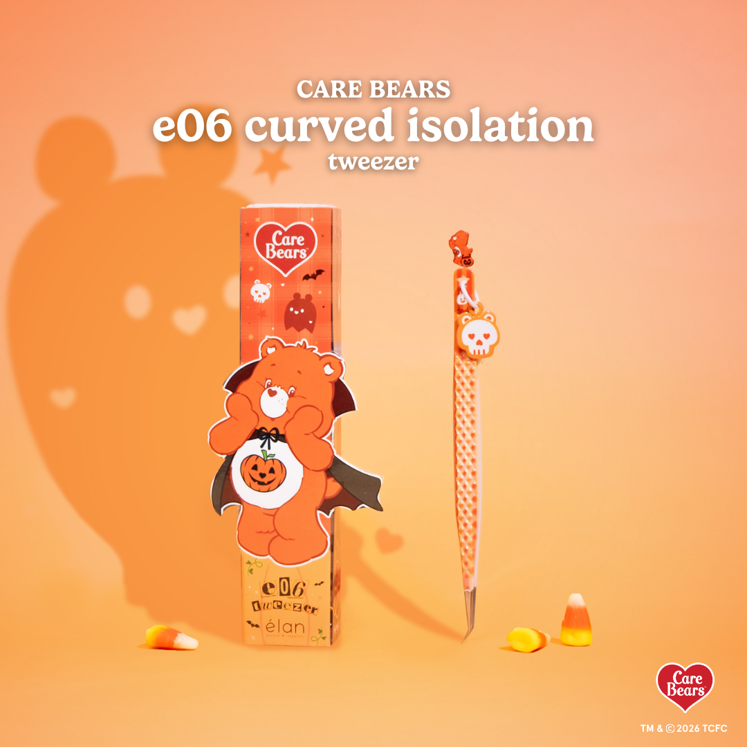 Élan Beauté x Care Bears e06 curved isolation tweezer featuring an orange Halloween design, matching character-themed packaging, and candy corn accents.