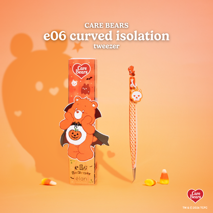 Élan Beauté x Care Bears e06 curved isolation tweezer featuring an orange Halloween design, matching character-themed packaging, and candy corn accents.