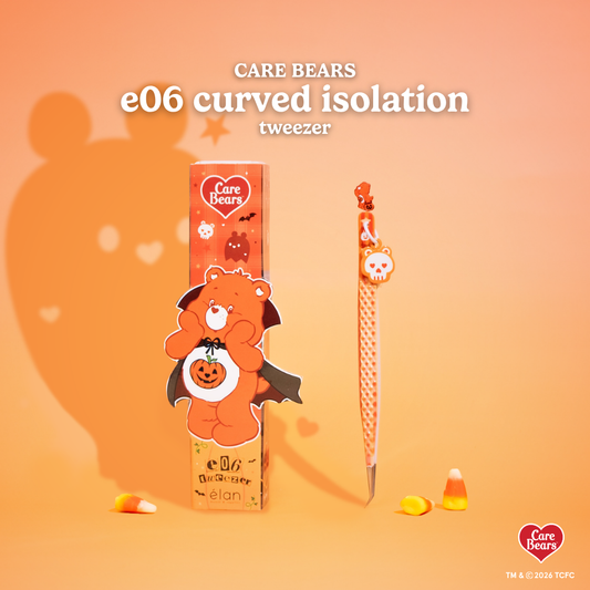Élan Beauté x Care Bears e06 curved isolation tweezer featuring an orange Halloween design, matching character-themed packaging, and candy corn accents.