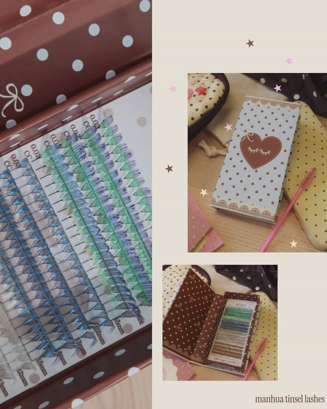 Close-up of tinsel Manhua tinsel lash fans in a polka-dot lash case, shown alongside matching pastel packaging and a pink spoolie
