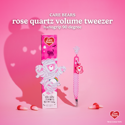 Élan Beauté x Care Bears Rose Quartz volume tweezer featuring a nanogrip 90-degree tip, pink Halloween-themed design, matching packaging, and candy corn accents.