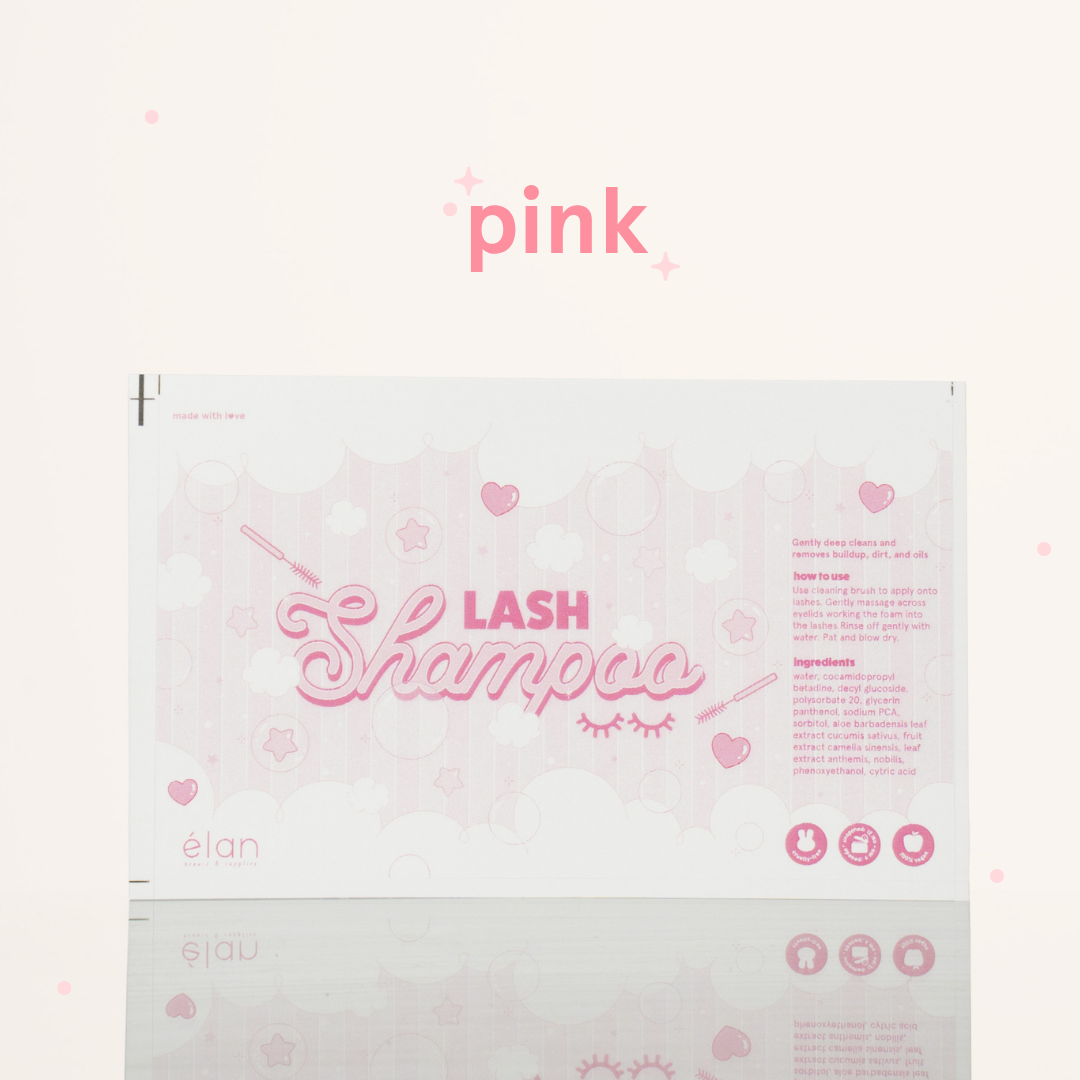 Pink lash shampoo label featuring a soft pastel bubble design, lash shampoo branding, usage instructions, ingredients, and product icons on a cream background.