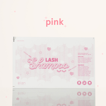Pink lash shampoo label featuring a soft pastel bubble design, lash shampoo branding, usage instructions, ingredients, and product icons on a cream background.