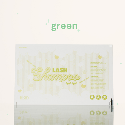 Green lash shampoo label featuring a soft pastel bubble design, lash shampoo branding, usage instructions, ingredients, and product icons on a cream background.