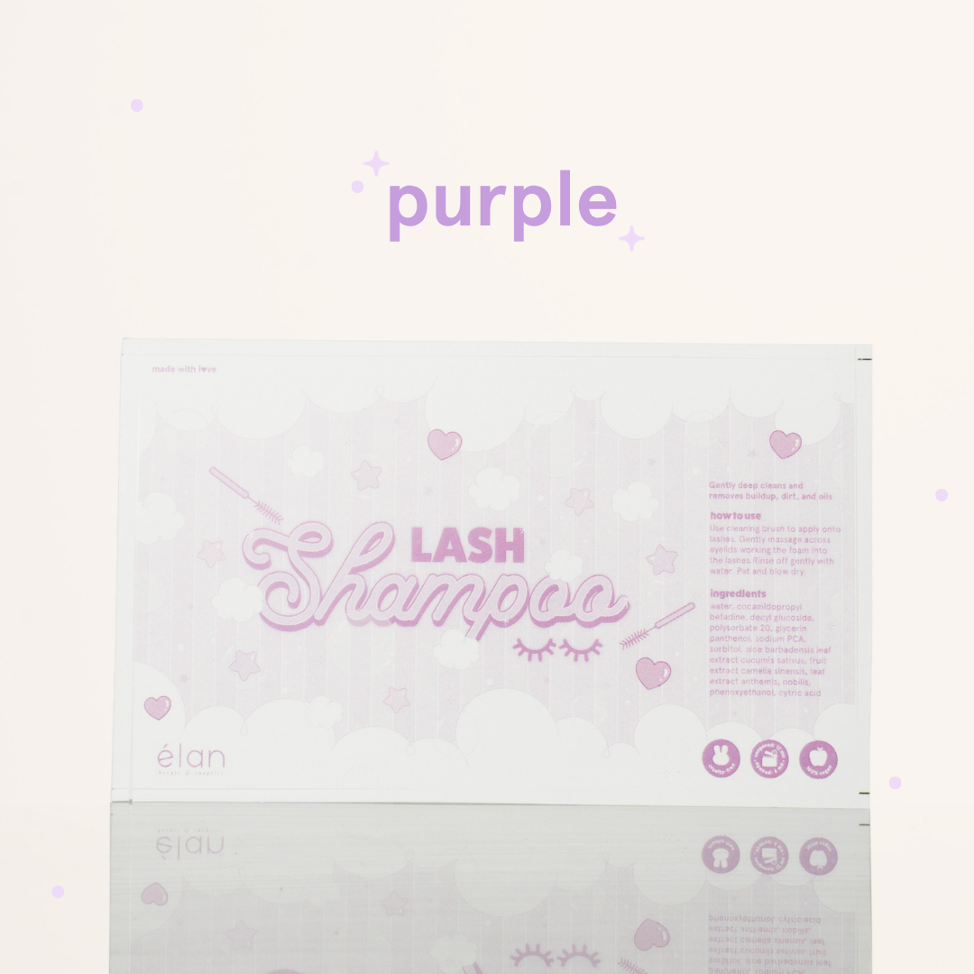 Purple lash shampoo label featuring a soft pastel bubble design, lash shampoo branding, usage instructions, ingredients, and product icons on a cream background.