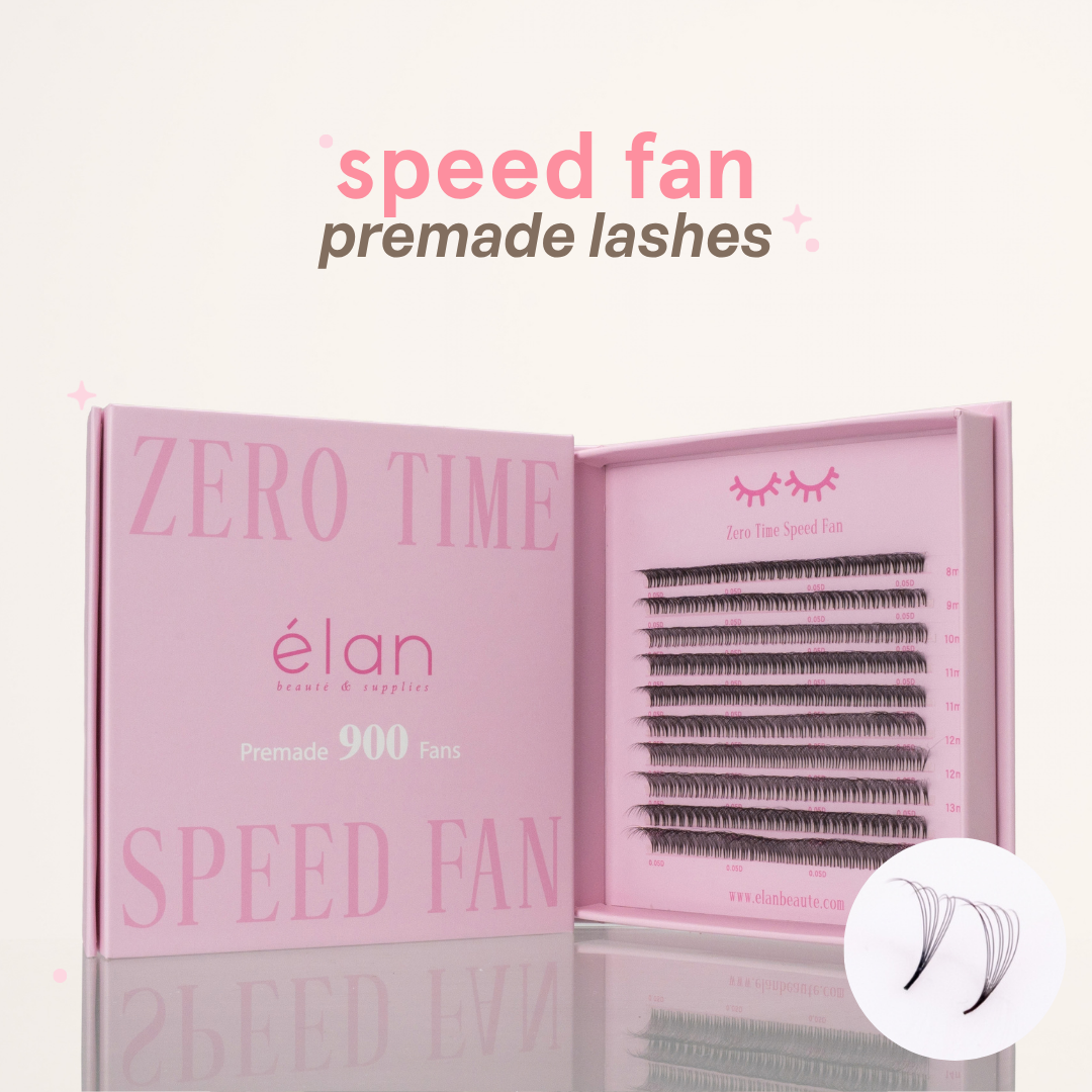 Zero Time Speed Fan premade lashes featuring 900 lash fans in a pink tray, with a close-up graphic showing the fan shape.
