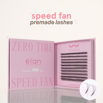 Zero Time Speed Fan premade lashes featuring 900 lash fans in a pink tray, with a close-up graphic showing the fan shape.