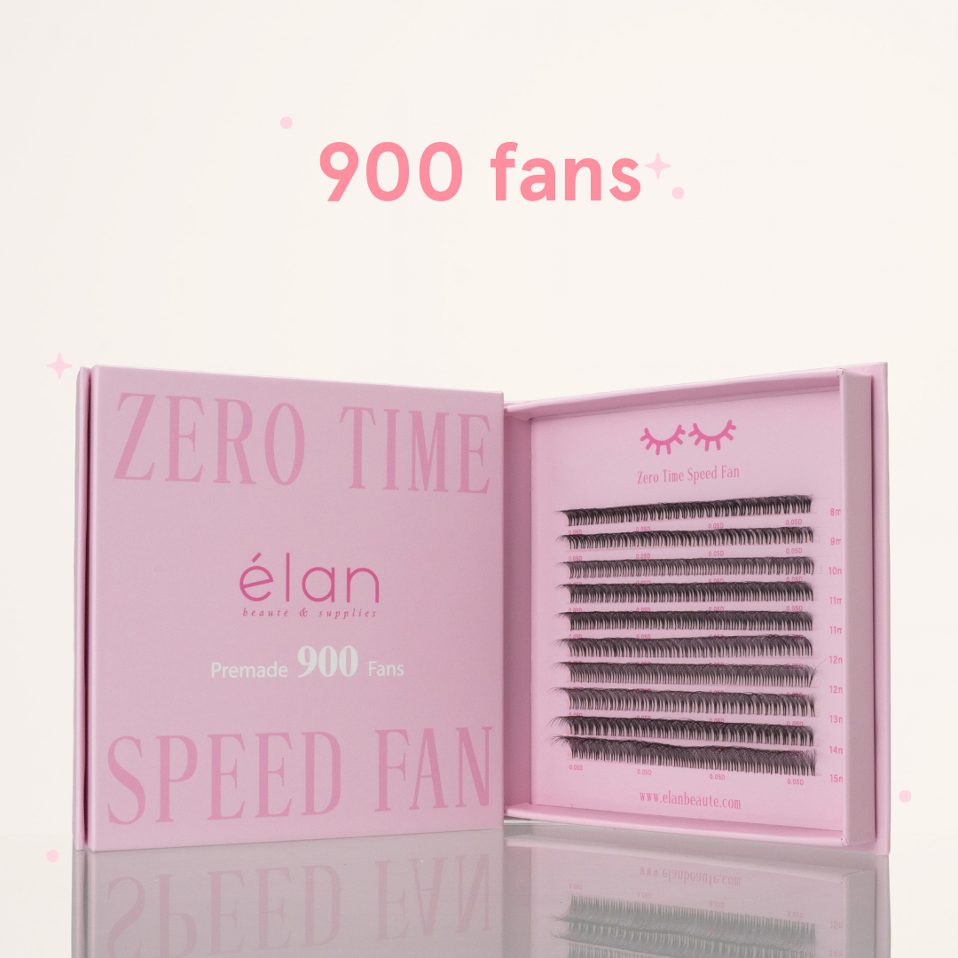 Zero Time Speed Fan tray featuring 900 premade lash fans in mixed lengths, displayed in an open pink case.