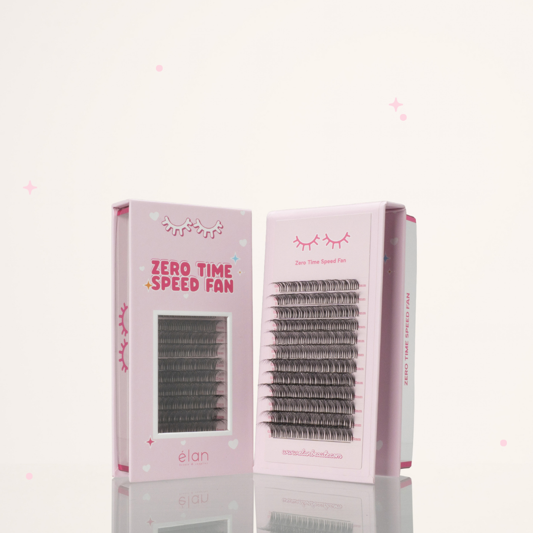 Zero Time Speed Fan lash trays in pastel pink packaging, with one tray open to show rows of premade lash fans and another closed with a clear display window.
