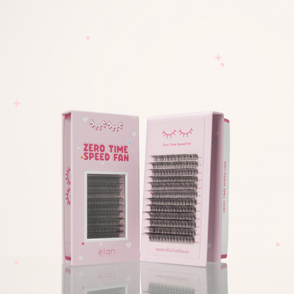 Zero Time Speed Fan lash trays in pastel pink packaging, with one tray open to show rows of premade lash fans and another closed with a clear display window.