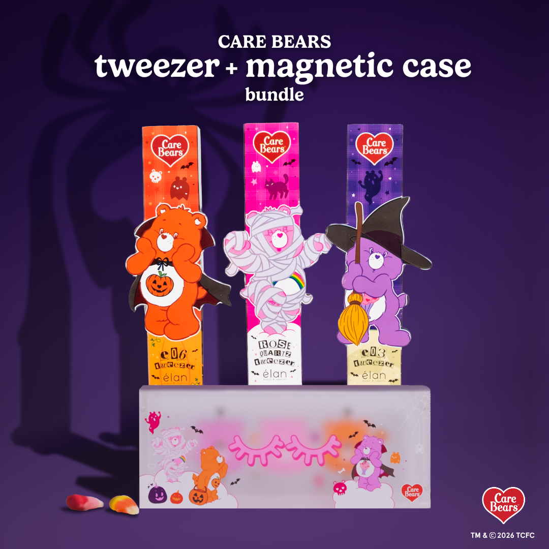 Élan Beauté x Care Bears Halloween tweezer and magnetic case bundle featuring three character-themed tweezers with orange, pink, and purple packaging, paired with a matching magnetic tweezer case.