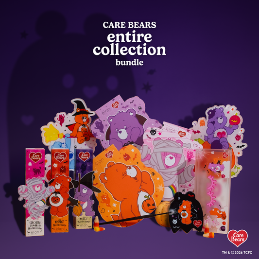 Élan Beauté x Care Bears Halloween entire collection bundle featuring lash trays, tweezers, magnetic case, XL lash tiles, handheld mirror, and character-themed accessories in orange, pink, and purple Halloween designs.