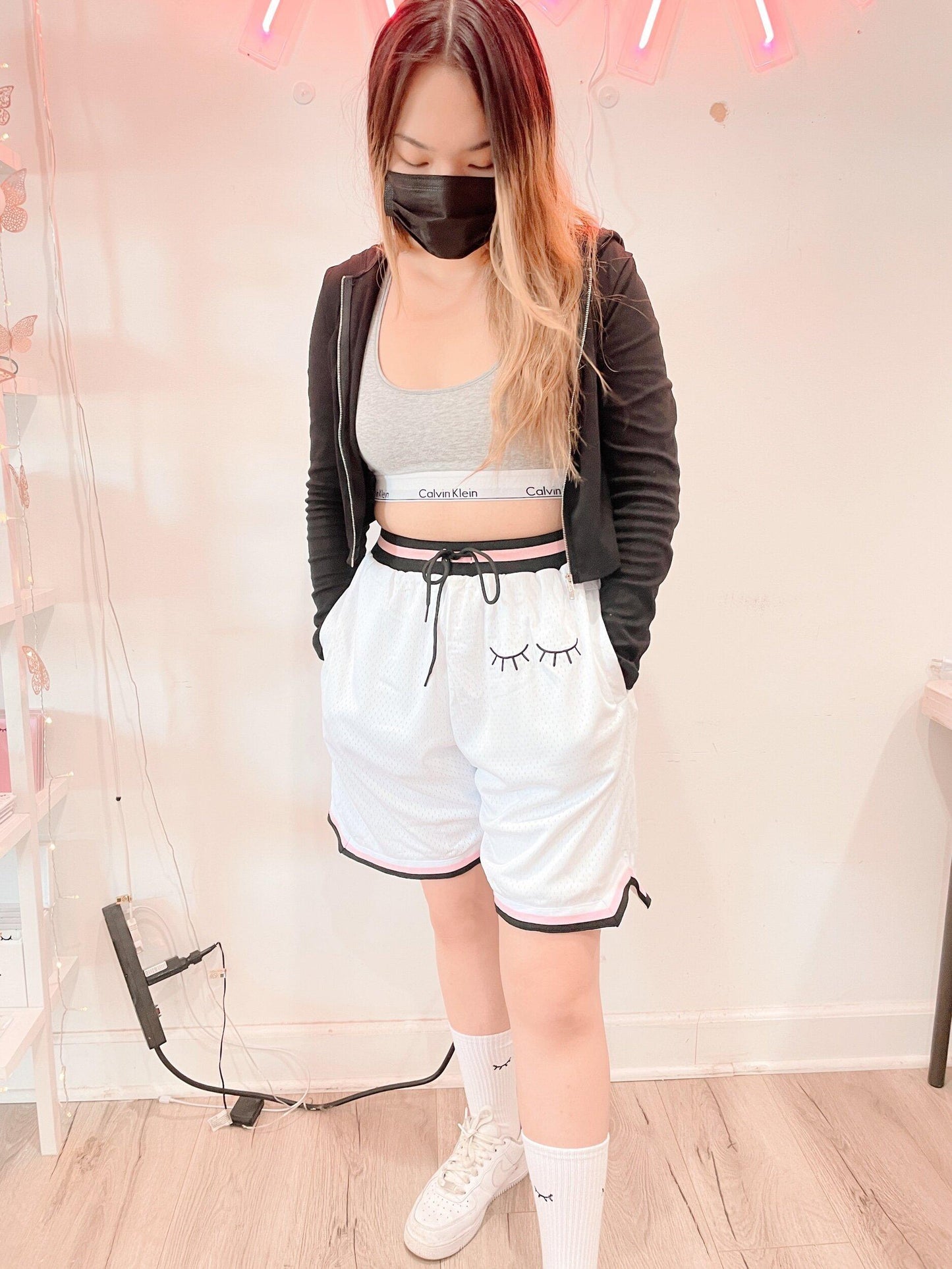 white embroidered basketball shorts